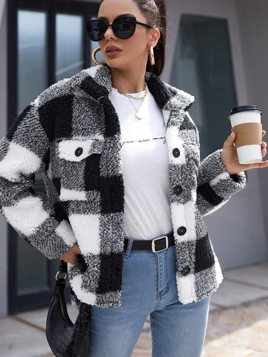 DressBetty - Plush Plaid Flap Pocket Coat