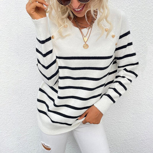 DressBetty - Striped Button Knitted Pullover Sweater