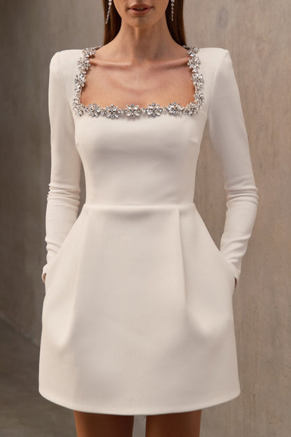Lilay Diamante Square Collar Mini Bandage Dress - White
