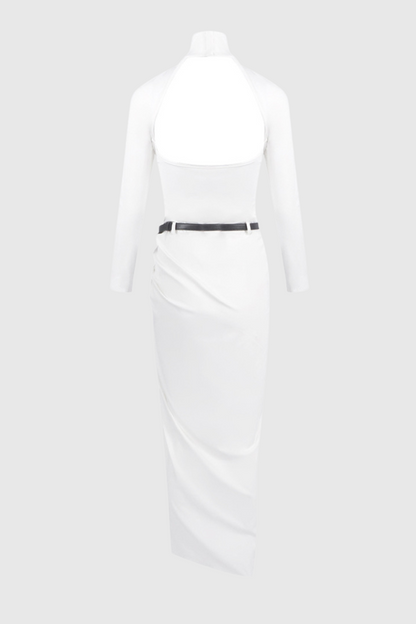 Lombe Ruched Belted Split Maxi Dress