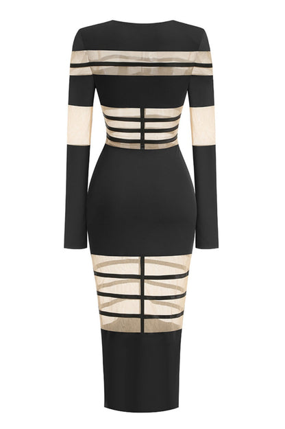 Londyn Mesh Long Sleeve Midi Dress - Black