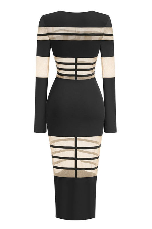 Londyn Mesh Long Sleeve Midi Dress - Black