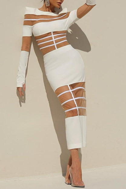 Londyn Mesh Long Sleeve Midi Dress - White