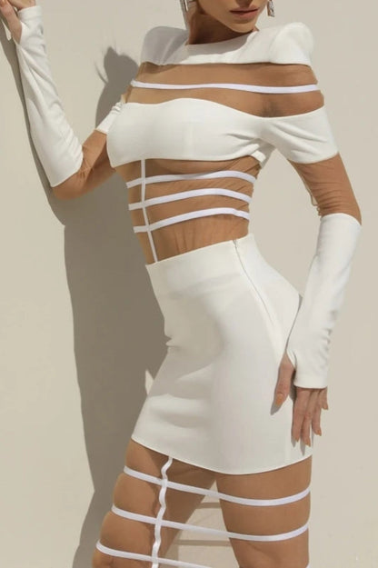 Londyn Mesh Long Sleeve Midi Dress - White