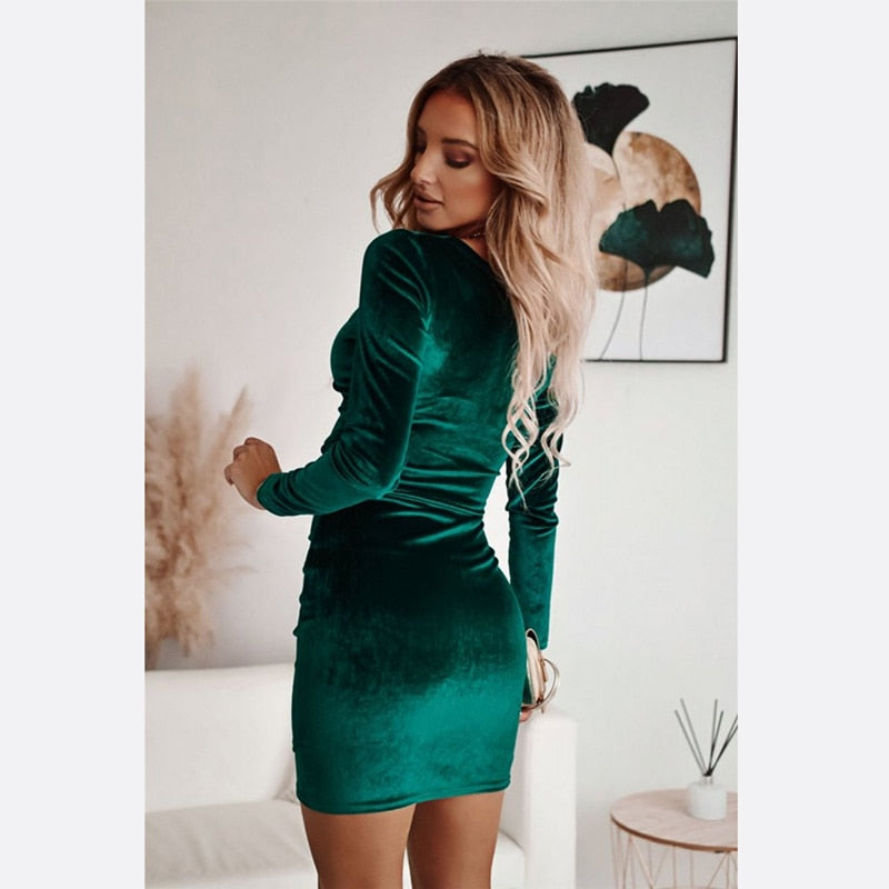 DressBetty - Elegant Gold Velvet Mini Dress Sexy Hip Dresses Solid Long Sleeve Party Dress