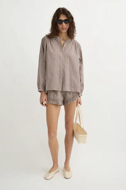 Gingham Shirt & White Midi Skirt Set（Free Belt）