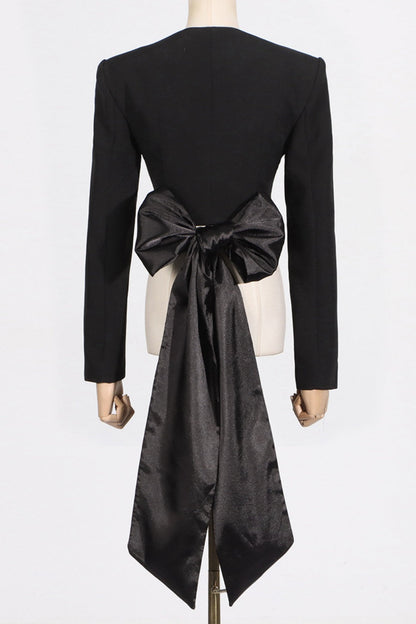 Maelie Bow Detail Satin Crop Blazer  - Black