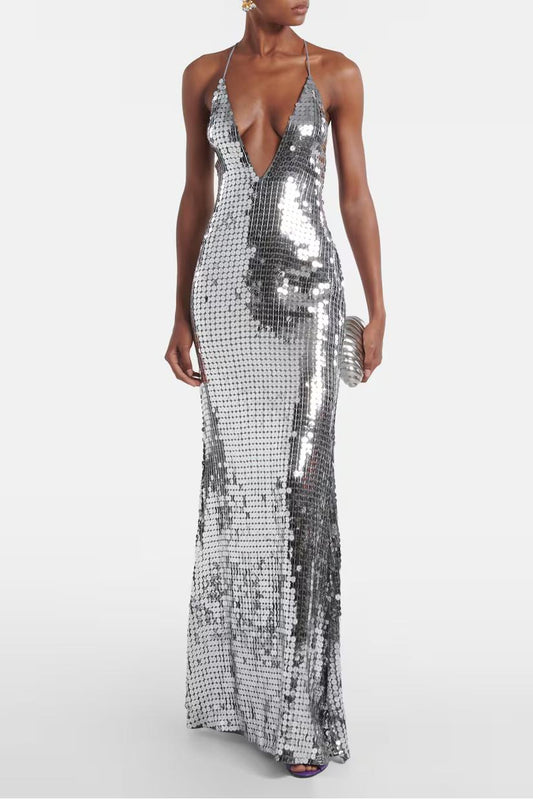 Sequined Plunge Halter Maxi Gown