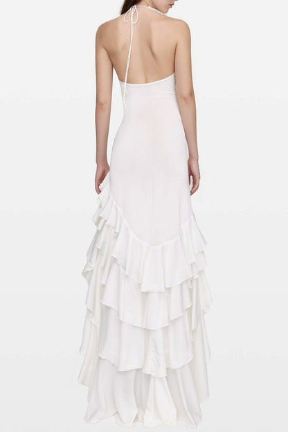 Malia Halter Mesh Flower Ruffle Midi Dress