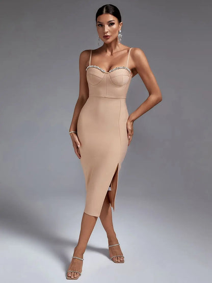 DressBetty - 2024 Crystal Party Elegant Sexy Nude Embellished Midi Bodycon Dress