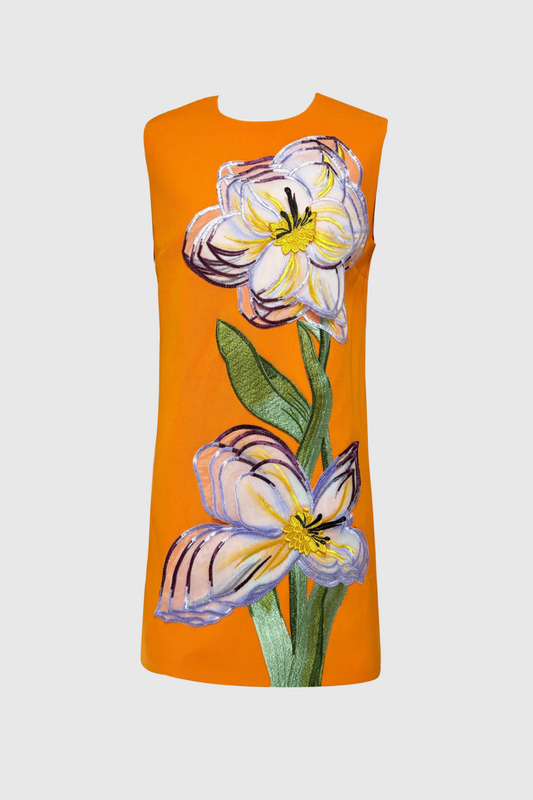 Mimoza Floral Appliqué Sleeveless Mini Dress - Orange