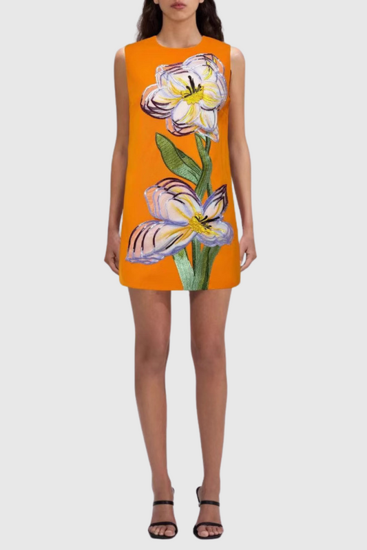 Mimoza Floral Appliqué Sleeveless Mini Dress - Orange