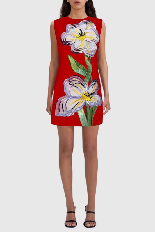 Mimoza Floral Appliqué Sleeveless Mini Dress - Red