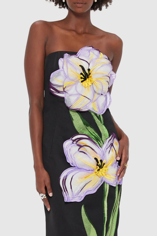 Mimoza Floral Appliqué Strapless Midi Dress - Black