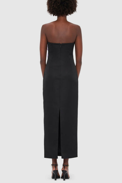 Mimoza Floral Appliqué Strapless Midi Dress - Black