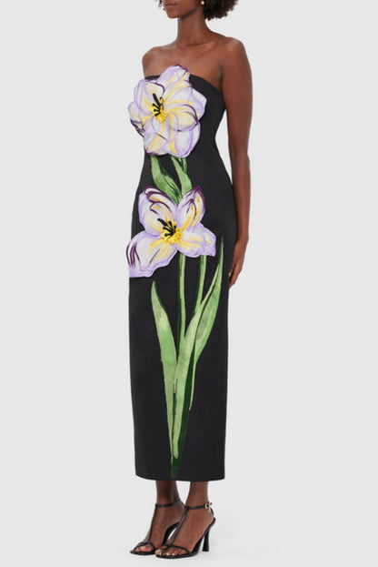 Mimoza Floral Appliqué Strapless Midi Dress - Black