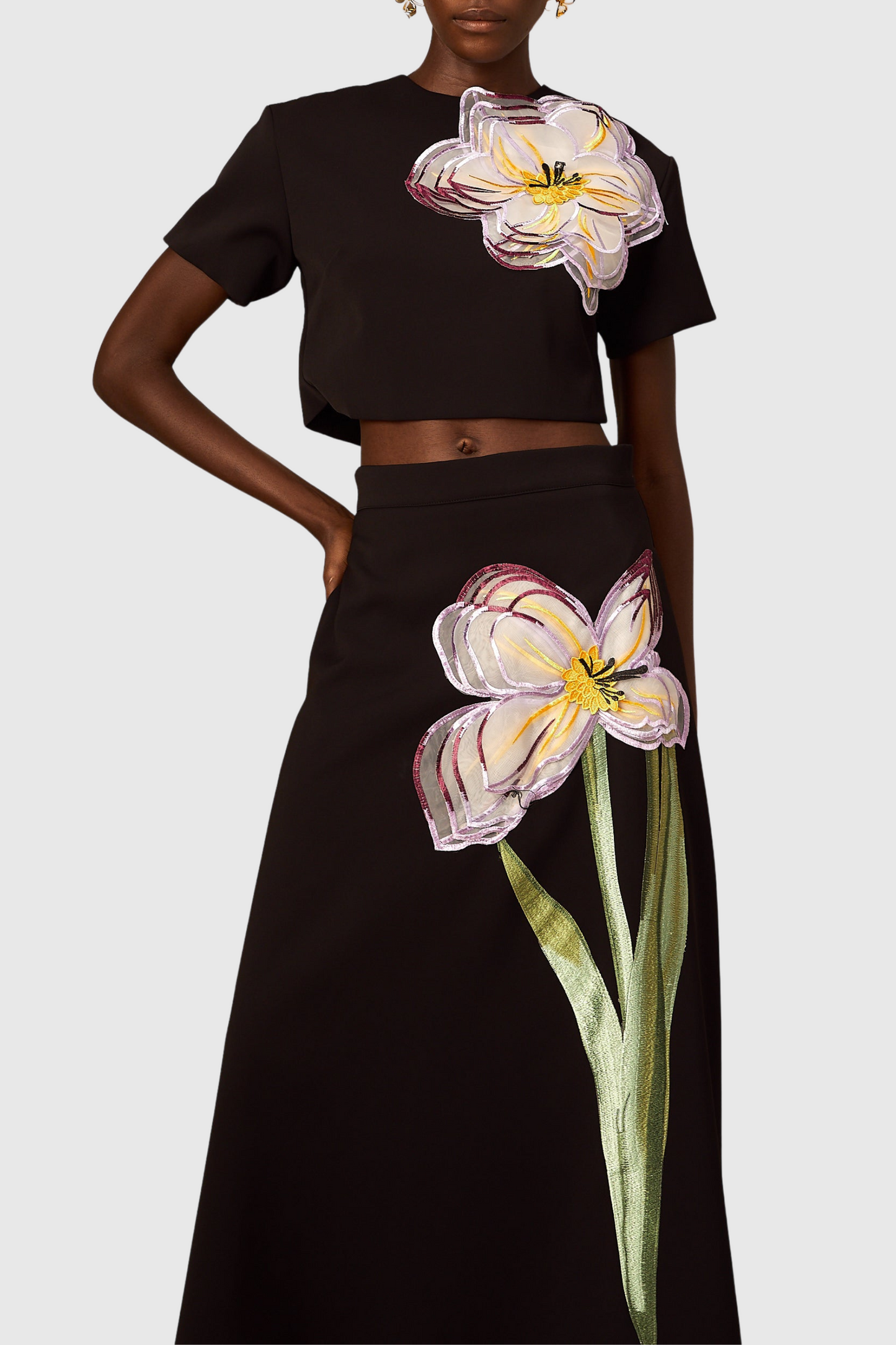 Mimoza Floral Appliqué Two Piece Set - Black