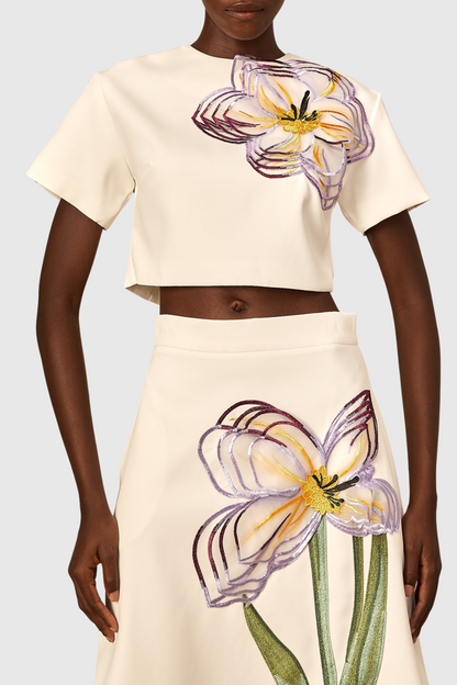 Mimoza Floral Appliqué Two Piece Set - White
