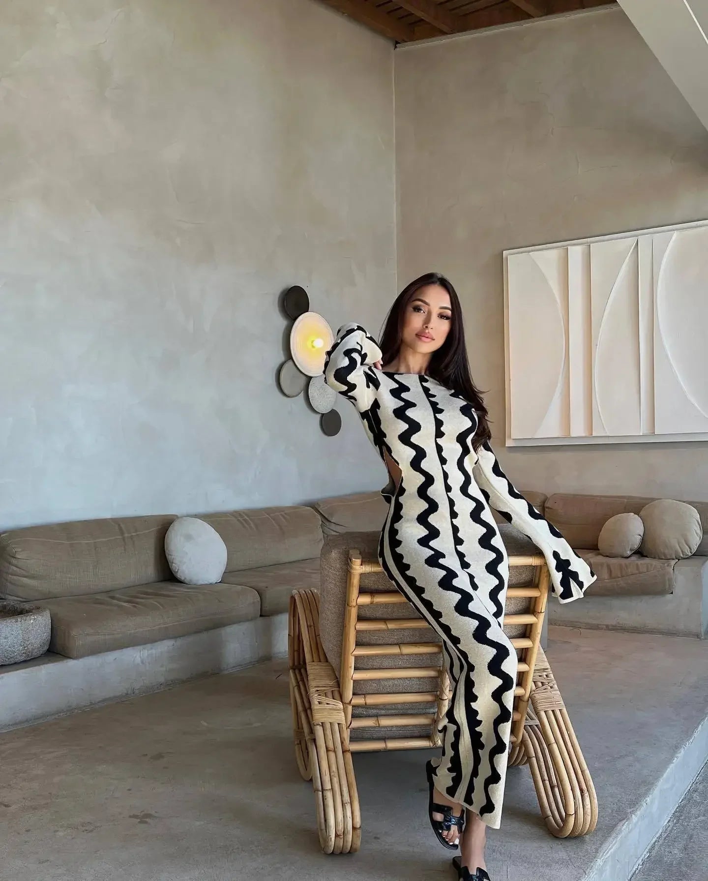 DressBetty - 2024 Elegant Wave Striped O-neck Maxi Knitted Bodycon Dress