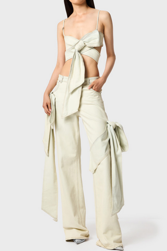 Camille Bow Denim Top - White