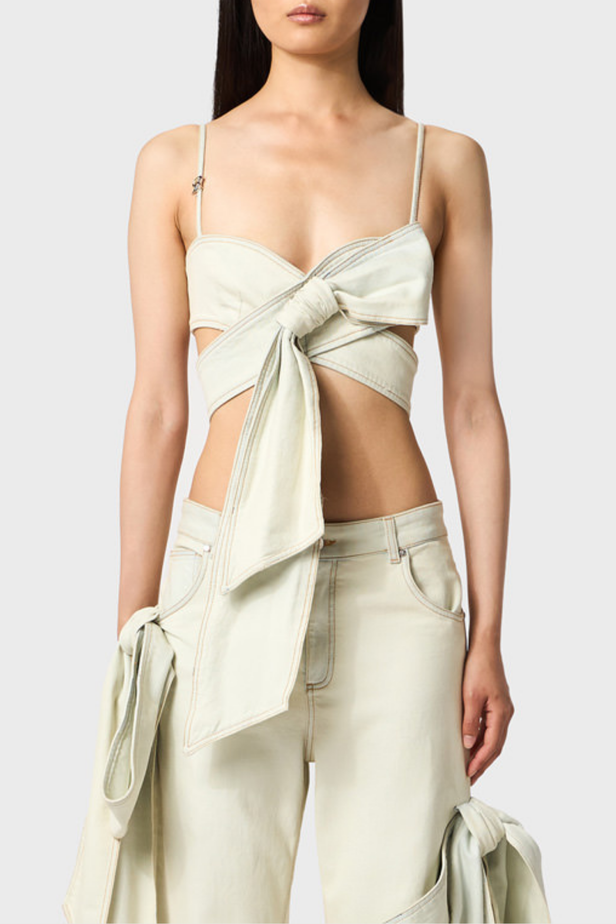Camille Bow Denim Top - White