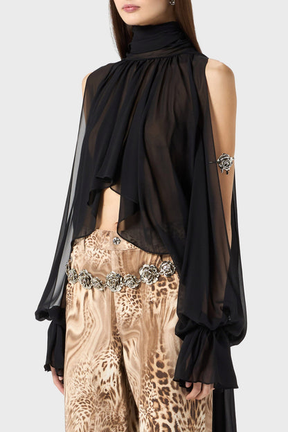 Mistee Asymmetric Slit-sleeve Blouse - Black