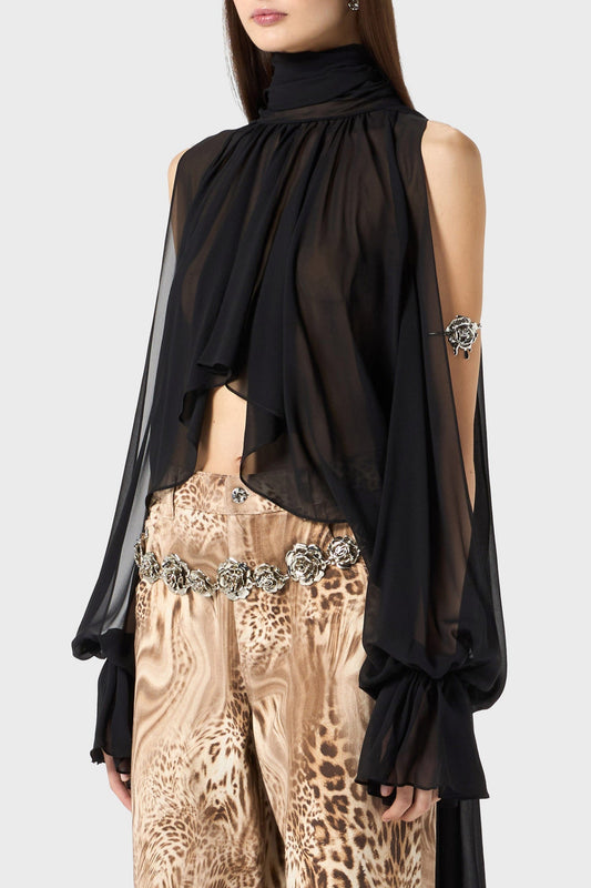 Mistee Asymmetric Slit-sleeve Blouse - Black