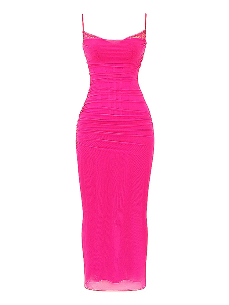 DressBetty - 2024 Elegant Spaghetti Strap Backless Mesh Maxi Dress