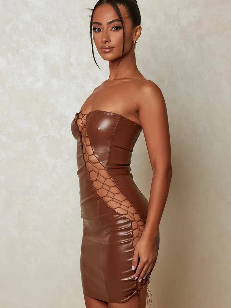 DressBetty - 2024 PU Leather Strapless Sleeveless Mini Dress Cut Out Dresses