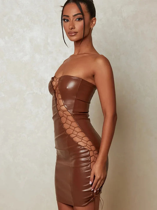 DressBetty - 2024 PU Leather Strapless Sleeveless Mini Dress Cut Out Dresses
