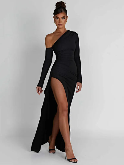 DressBetty - 2024 Mozision Oblique Shoulder Thigh High Split Long Sleeve Maxi Dress