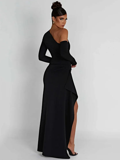 DressBetty - 2024 Mozision Oblique Shoulder Thigh High Split Long Sleeve Maxi Dress