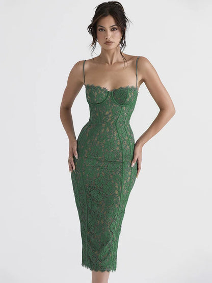 DressBetty - 2024 Spaghetti Strap Lace Sexy Green Floral Dress