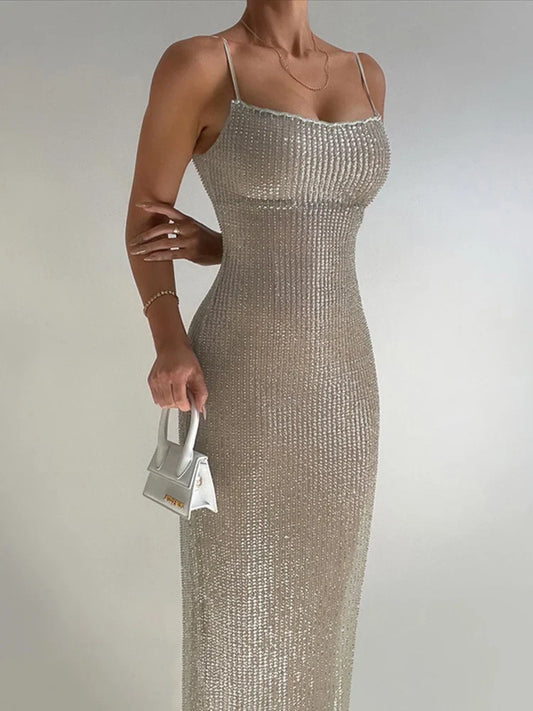 DressBetty - 2024 Elegant Glitter Sparkle Spaghetti Strap Sleeveless Maxi Dress
