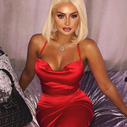 Satin Lace Up Pink Backless Midi Dress