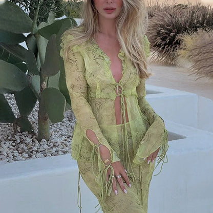Fashion Y2K Print Mesh Long Sleeve Top Maxi Skirt