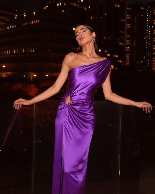 DressBetty - Purple One Shoulder Sexy Skinny Draped Sleeveless Sequin Slit Long Celebrity Party Dress
