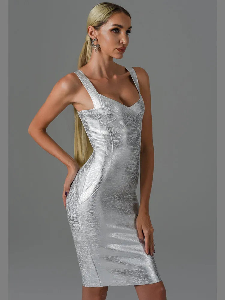 DressBetty - 2024 Summer Sexy Sleeveless Backless Gold Bronzing Midi Bodycon Dress