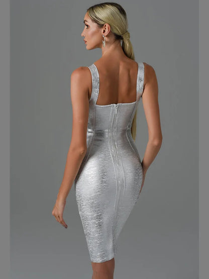 DressBetty - 2024 Summer Sexy Sleeveless Backless Gold Bronzing Midi Bodycon Dress