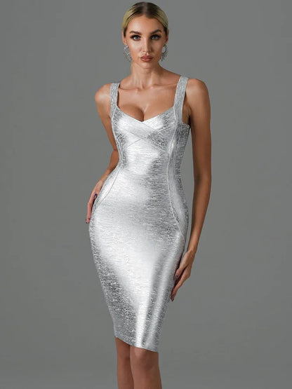 DressBetty - 2024 Summer Sexy Sleeveless Backless Gold Bronzing Midi Bodycon Dress