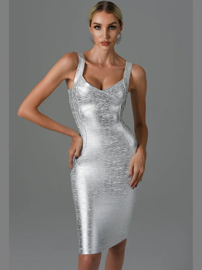 DressBetty - 2024 Summer Sexy Sleeveless Backless Gold Bronzing Midi Bodycon Dress