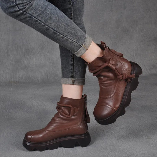 Casual High Top Leather Cowboy Round Toe Lace up Platform Ankle Boot