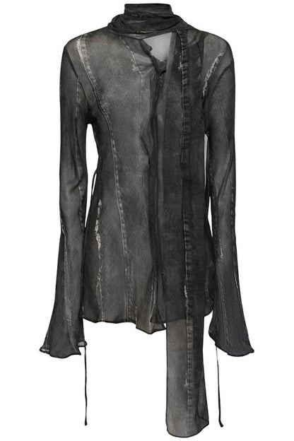 Nimate Denim-Crepe Scarf Shirt