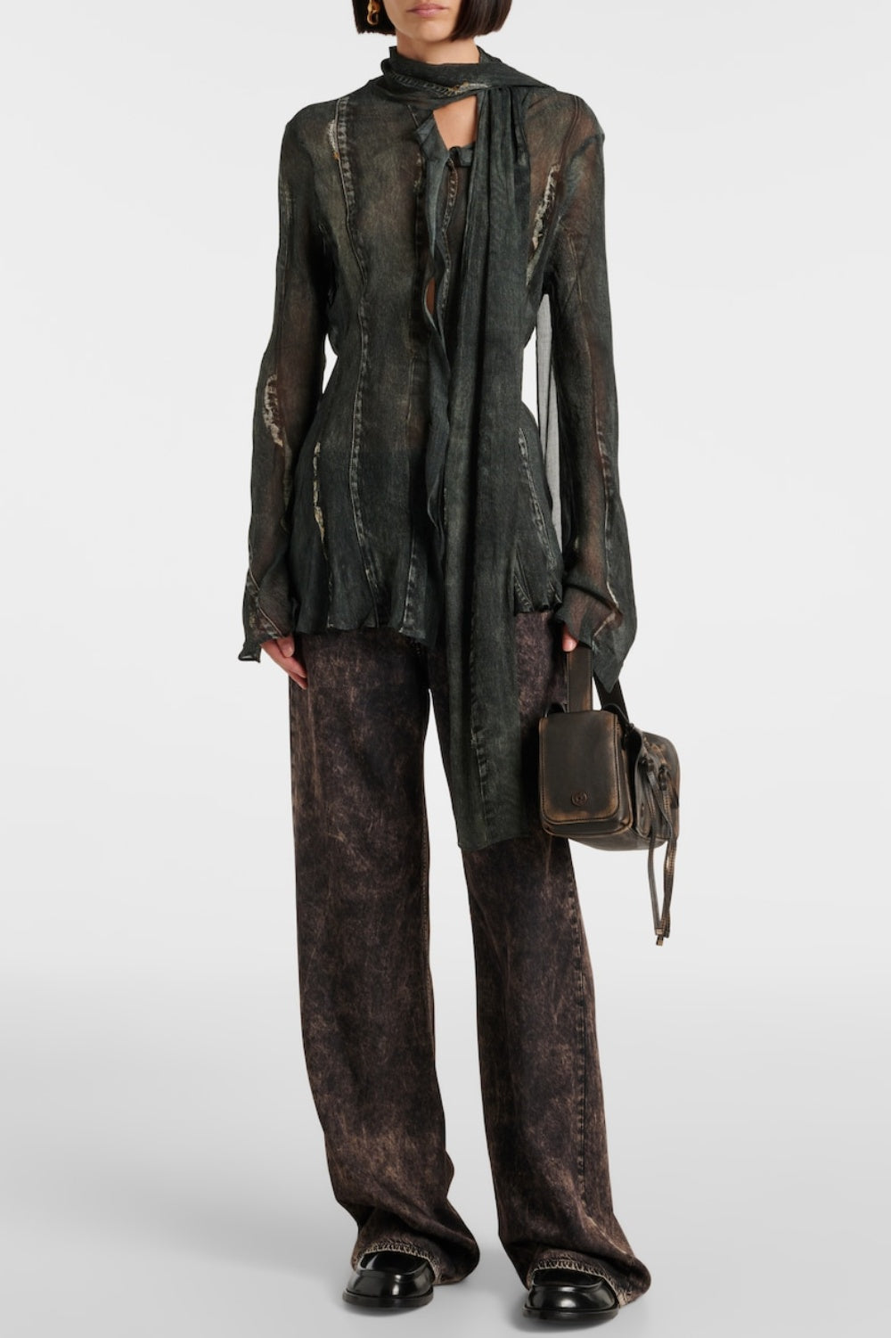 Nimate Denim-Crepe Scarf Shirt