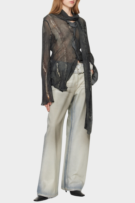 Nimate Denim-Crepe Scarf Shirt