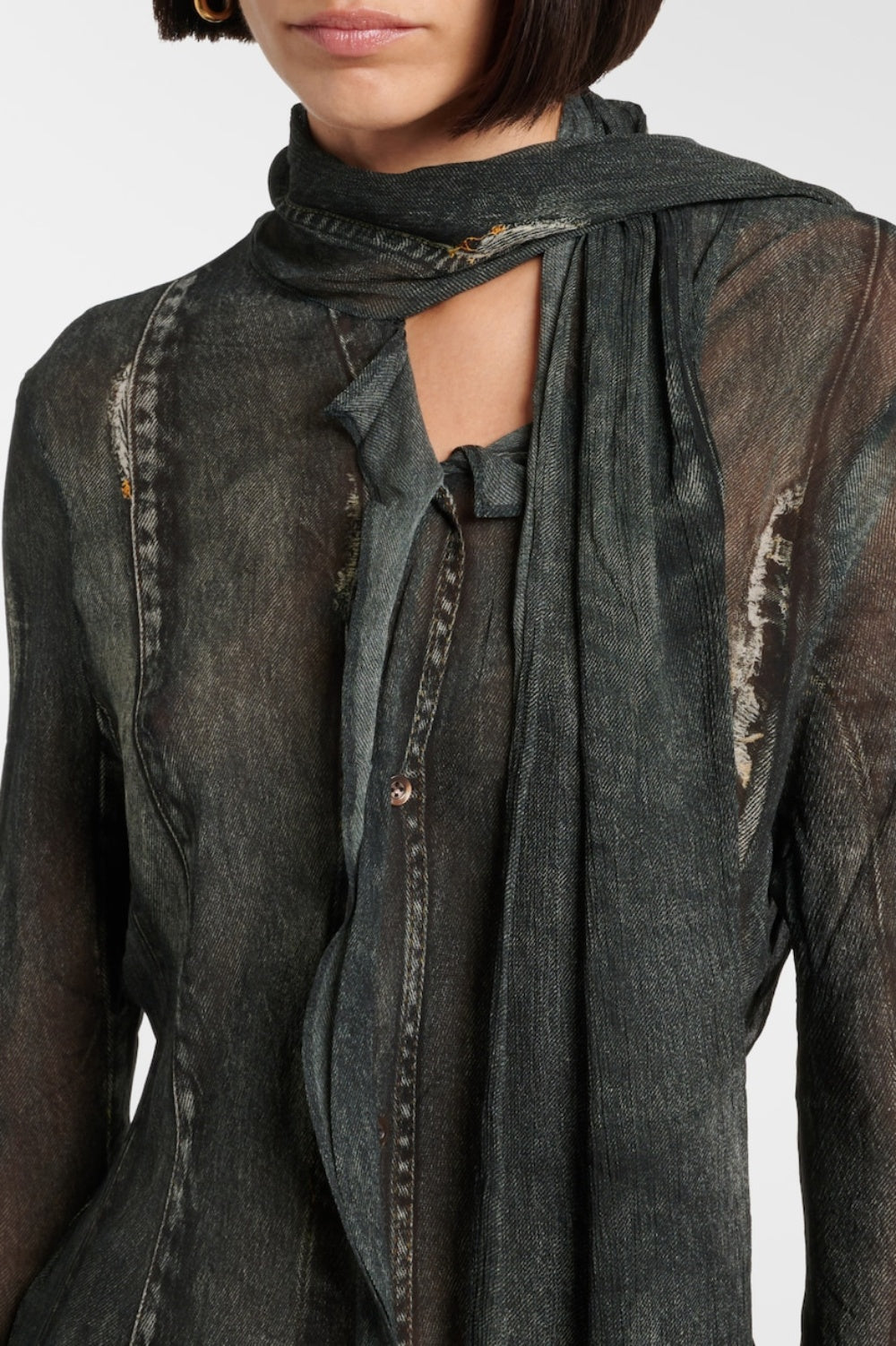 Nimate Denim-Crepe Scarf Shirt