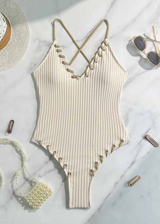 Lena - Ribbed Lace-Up One Piece Swimsuit