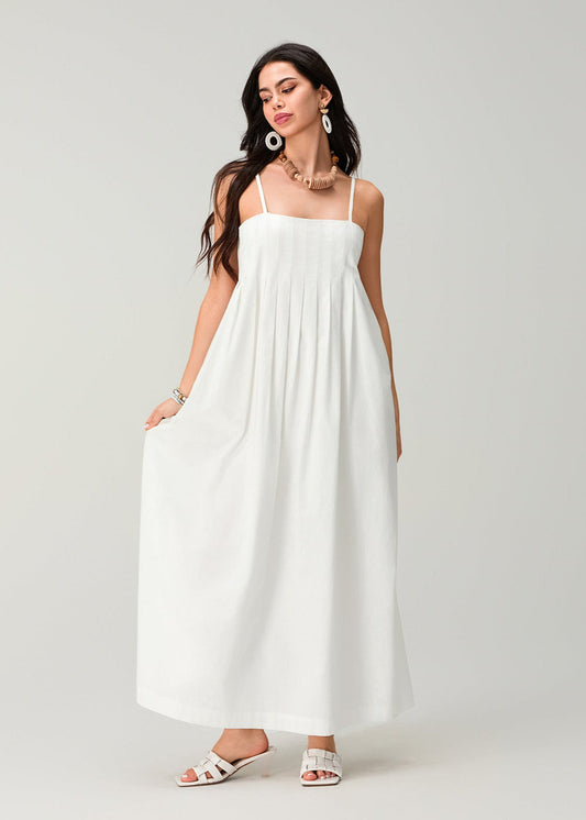 Linen Essence - White Pleated Maxi Sundress