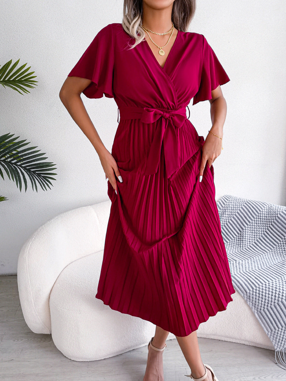 DressBetty - Cross V-Neck Pleated Dress