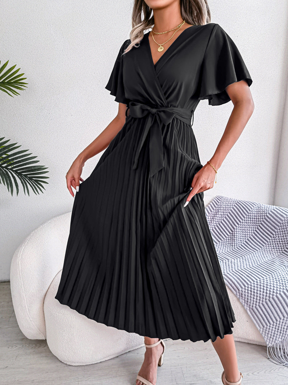 DressBetty - Cross V-Neck Pleated Dress